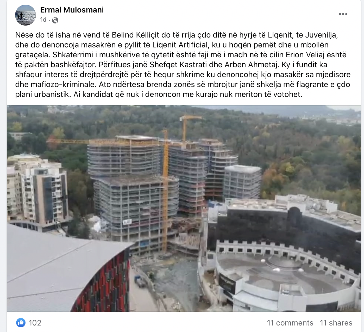 Oligarku Shefqet Kastrati po shkatërron parkun e Liqenit me kulla në Tiranë, askush nuk flet, as opozita