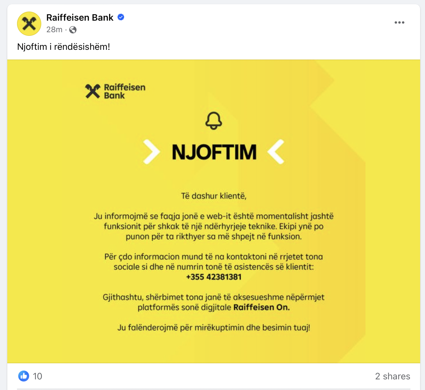 Sulm kibernetik , reagon Raiffeisen Bank : Po kryejmë punime në faqen Raiffeisen.al