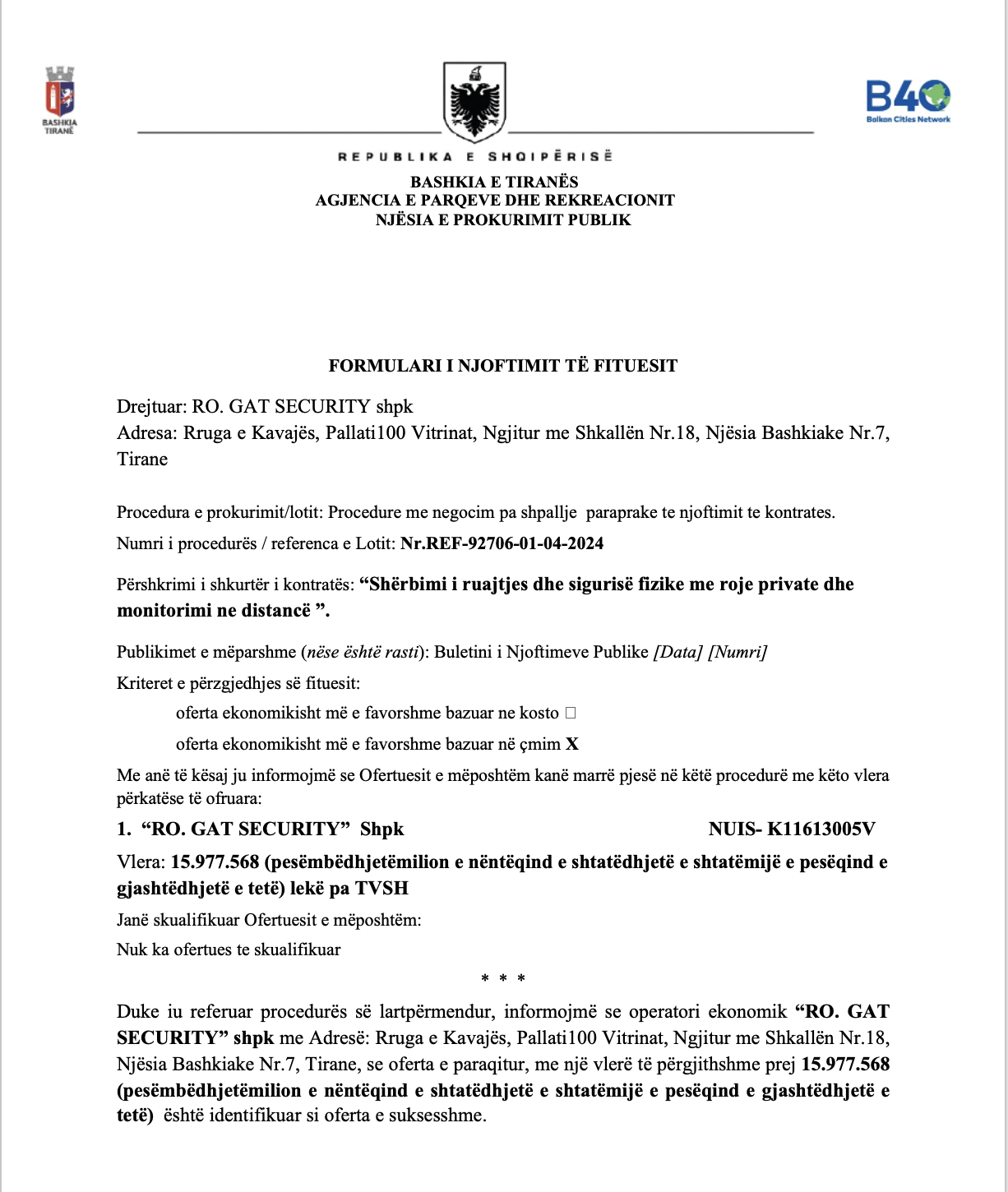 RO.GAT Security e Megator Mane “kullufit” 190 milionë lekë pa tender nga kryeqytetasit, APR nuk pyet për ligj për klientin e përhershëm