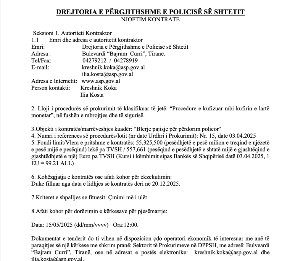 TENDERI/ 6.6 milion euro për pajisjet e policisë, a është paracaktuar fitues Emiljano Dusha me MSSC ? 